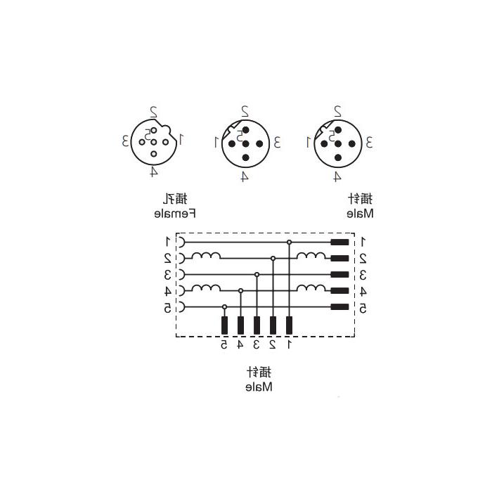 M12 5针公/2M12 5针母，b编码，t型连接器，0C5555